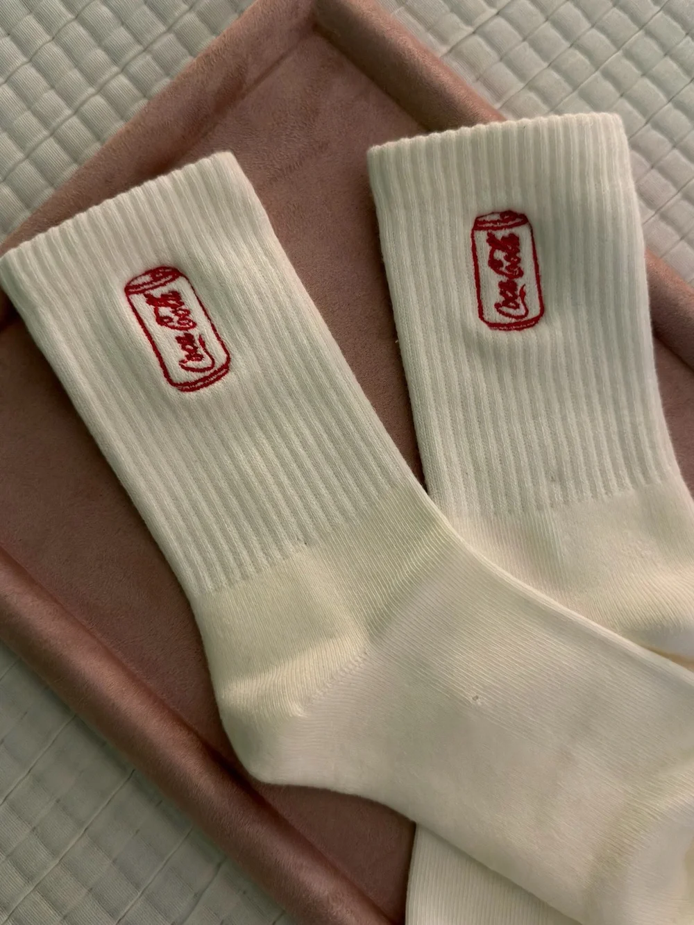 White Crew Socks with Red Coca-Cola Can Embroidery